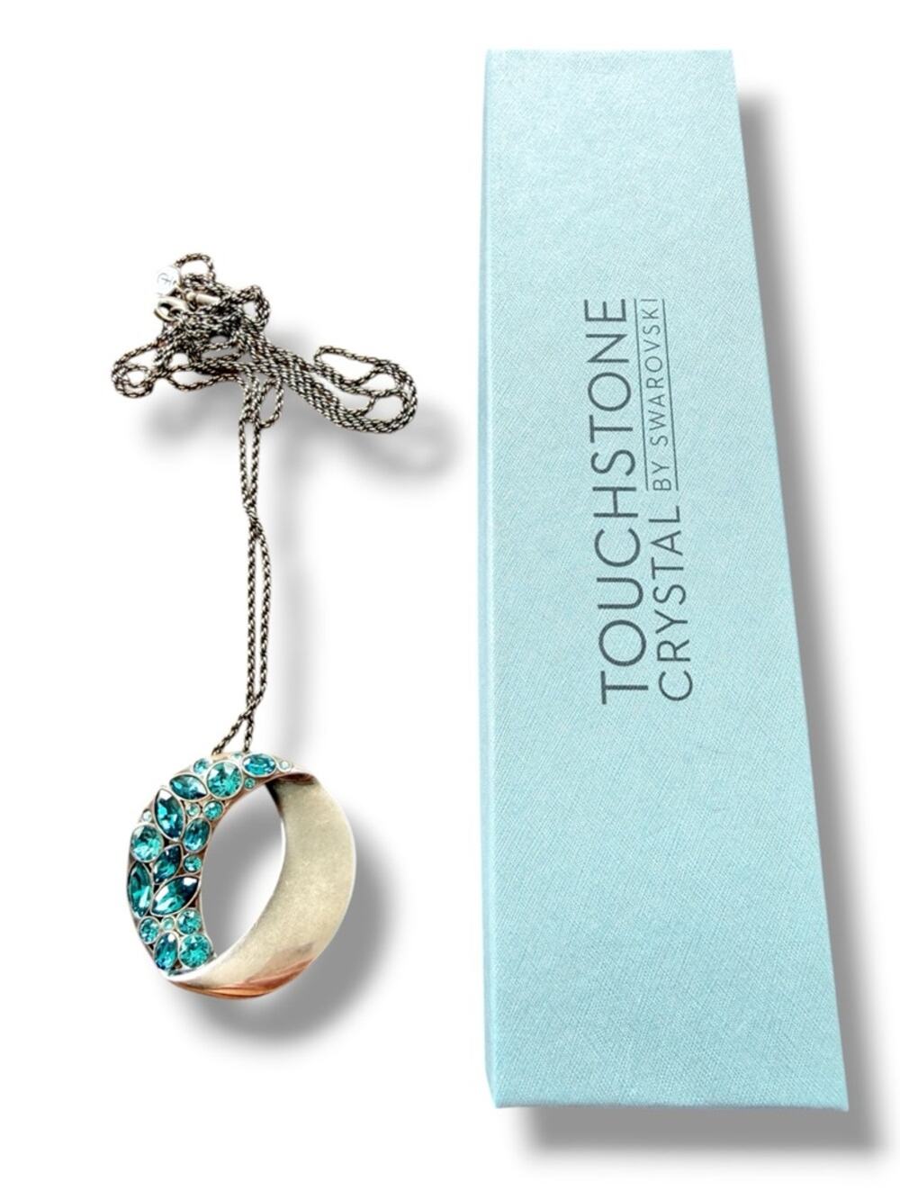 Touchstone by Swarovski Blue Aqua Crystal Pendant Necklace Long Silver Tone